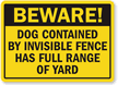 Dog Contained By Invisible Fence Beware Dog Sign