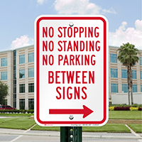 No Stopping or Parking Between Sign, Right Arrow