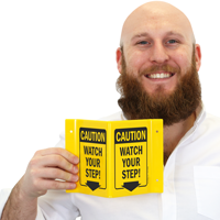Caution Watch Your Step! with Down Arrow Signs